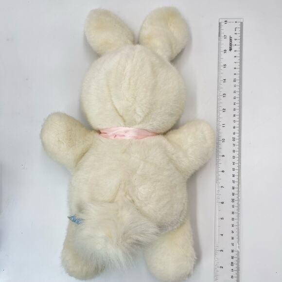 18" Vintage 1984 Dakin White Heart Throb Bunny Plush Pink Ribbon Flat Rabbit - Picture 5 of 10